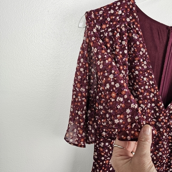 Lulu's Good Moments Burgundy Floral Print Split Sleeve Faux-Wrap Dress NWT - Picture 9 of 16